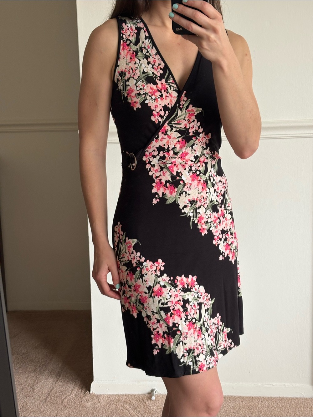 White House Black Market Black Floral Sleeveless Wrap Midi Dress